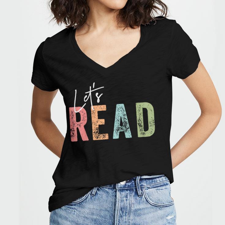 Let's Read Book Nerd Reading Book Lover Librarian Teacher Women's Jersey Short Sleeve Deep V-Neck Tshirt