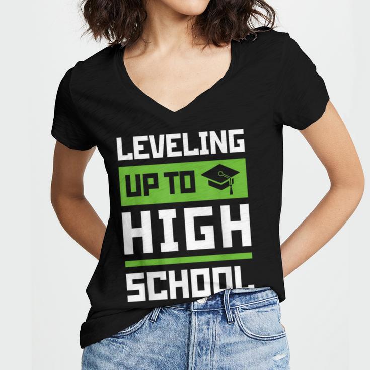 Leveling Up To High School Tee Shirt Gaming Graduation Women's Jersey Short Sleeve Deep V-Neck Tshirt