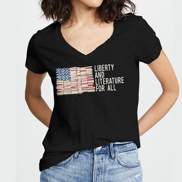 Liberty And Literature For All Reading USA Book Lover Women's Jersey Short Sleeve Deep V-Neck Tshirt