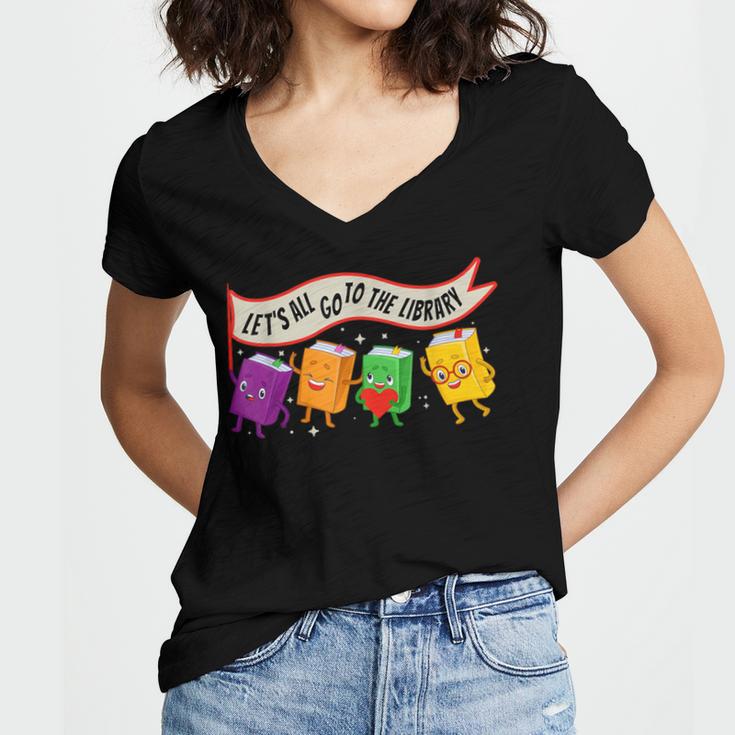 Librarian Let's All Go To The Library Cute Groovy Book Lover Women's Jersey Short Sleeve Deep V-Neck Tshirt