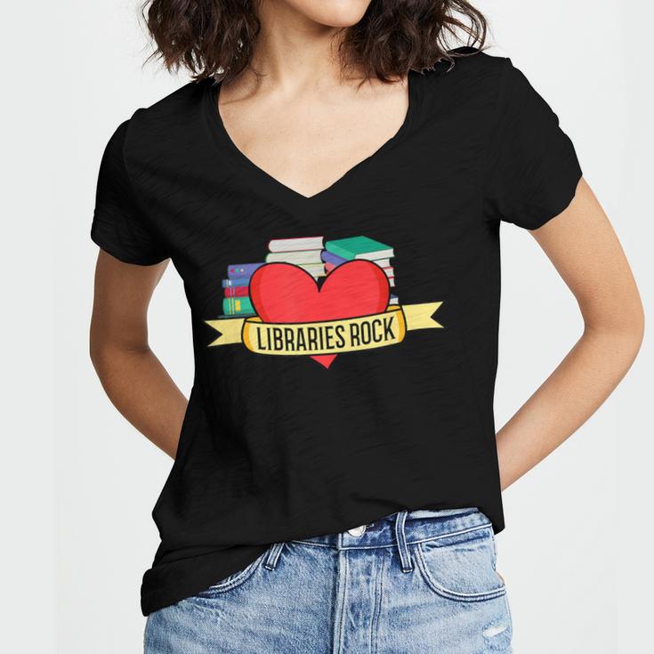 Librarian Library Assistant Libraries Rock Book Lover Women's Jersey Short Sleeve Deep V-Neck Tshirt