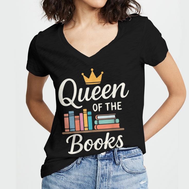Librarian Queen Of The Books Book Reading Library Women's Jersey Short Sleeve Deep V-Neck Tshirt