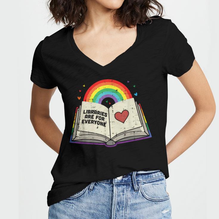 Libraries Are For Everyone Book LGBTQ Ally Gay Pride Month Women's Jersey Short Sleeve Deep V-Neck Tshirt
