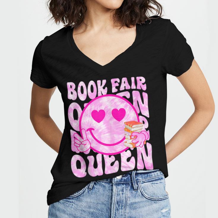 Library Book Fair Queen Vibe Groovy Tie Dye School Reading Women's Jersey Short Sleeve Deep V-Neck Tshirt Library Book Fair Queen Vibe Groovy Tie Dye School Reading Women's Jersey Short Sleeve Deep V-Neck Tshirt