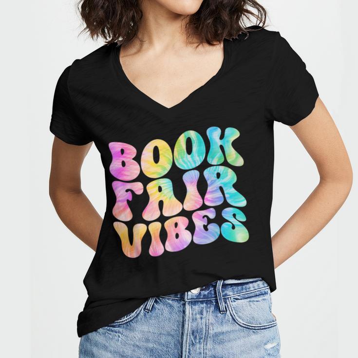 Library Book Fair Vibe Tie Dye School Reading Nostalgic Women's Jersey Short Sleeve Deep V-Neck Tshirt Library Book Fair Vibe Tie Dye School Reading Nostalgic Women's Jersey Short Sleeve Deep V-Neck Tshirt