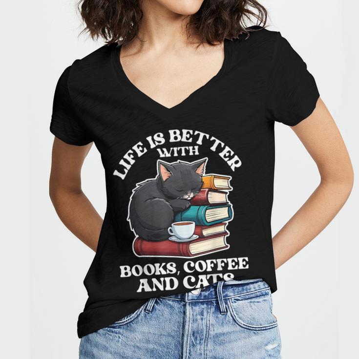Life Is Better With Books Cats & Coffee Librarian Book Lover Women's Jersey Short Sleeve Deep V-Neck Tshirt
