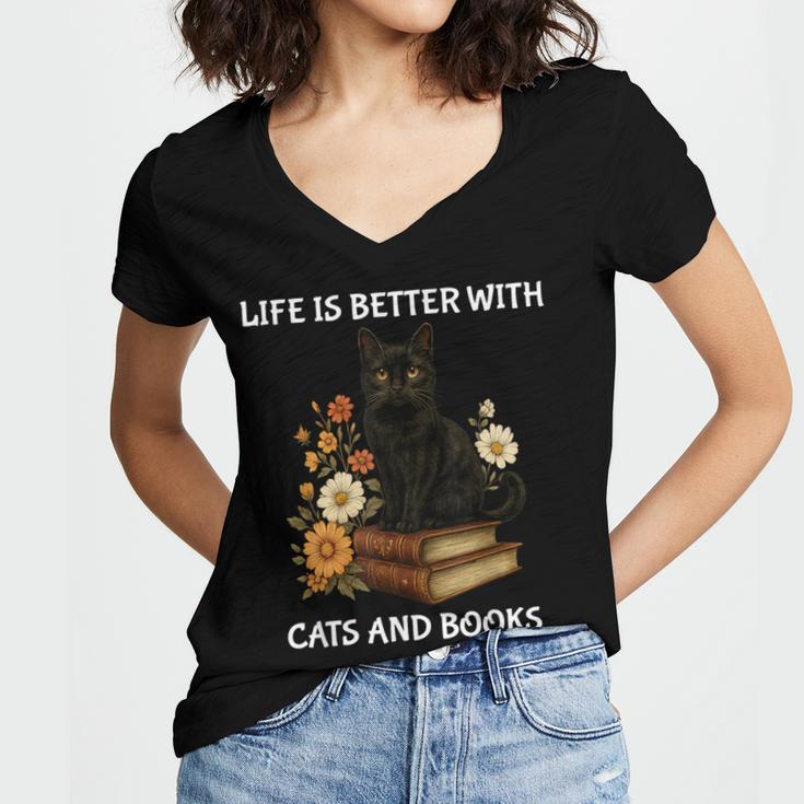 Life Is Better With Cats And Books Cute Cat Lover For Men Women Kids Women's Jersey Short Sleeve Deep V-Neck Tshirt