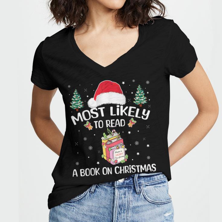 Most Likely To Read A Book On Christmas Love Reading Books Women's Jersey Short Sleeve Deep V-Neck Tshirt