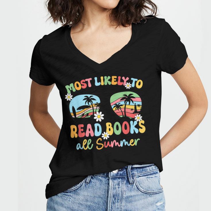 Most Likely To Read Books All Summer Book Lovers Women's Jersey Short Sleeve Deep V-Neck Tshirt Most Likely To Read Books All Summer Book Lovers Women's Jersey Short Sleeve Deep V-Neck Tshirt
