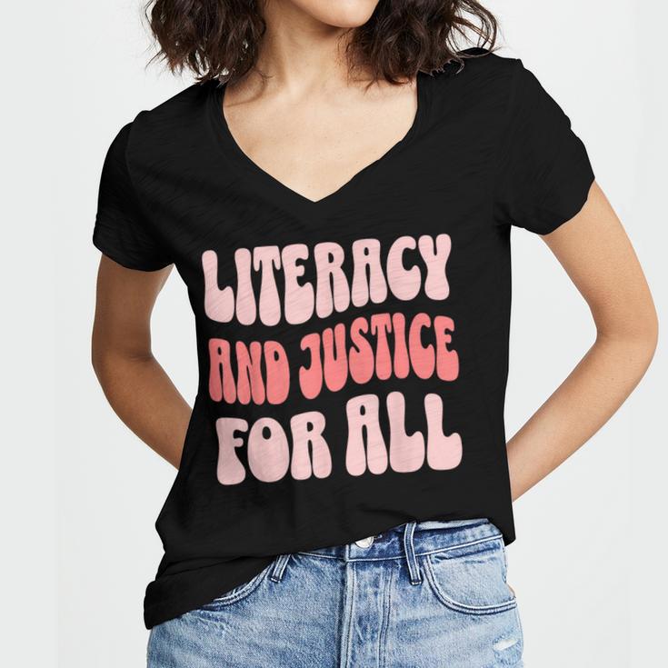 Literacy And Justice For All Book Lover Women's Jersey Short Sleeve Deep V-Neck Tshirt Literacy And Justice For All Book Lover Women's Jersey Short Sleeve Deep V-Neck Tshirt