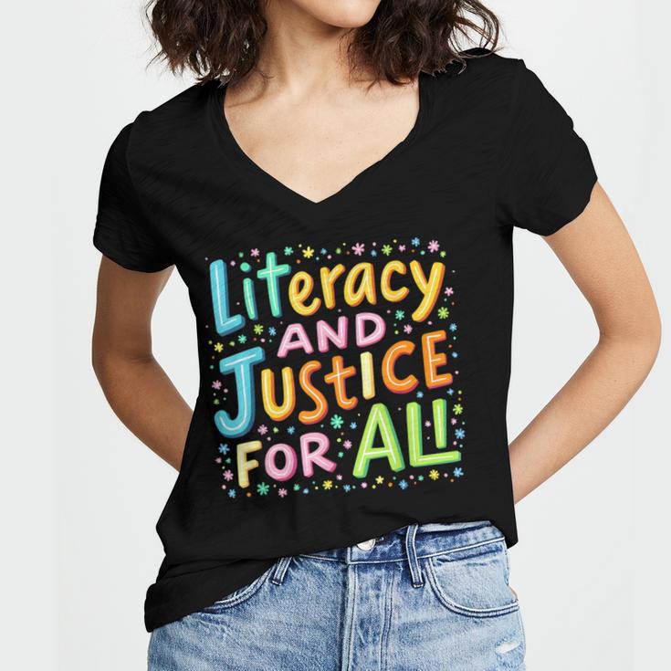 Literacy And Justice For All Protect Banned Books Library Women's Jersey Short Sleeve Deep V-Neck Tshirt