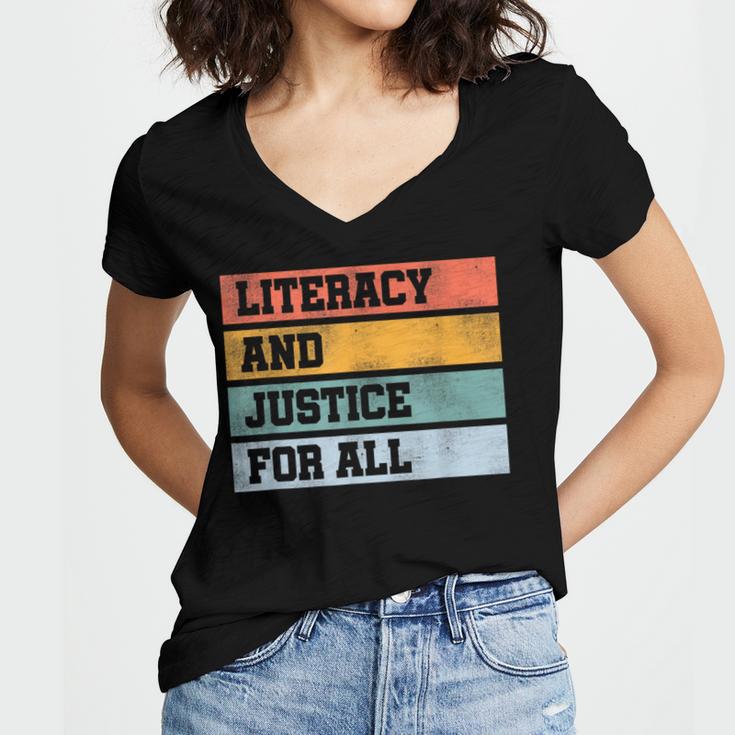 Literacy And Justice For All Stop Book Banning Banned Books Women's Jersey Short Sleeve Deep V-Neck Tshirt