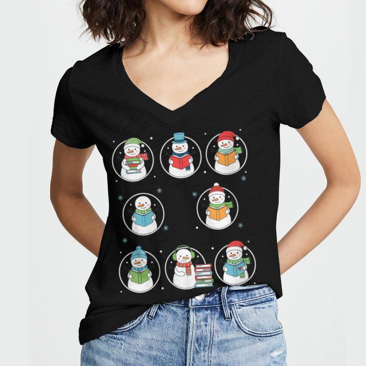 Literary Winter Reading Snowmen Cozy Book Lover Pattern Women's Jersey Short Sleeve Deep V-Neck Tshirt