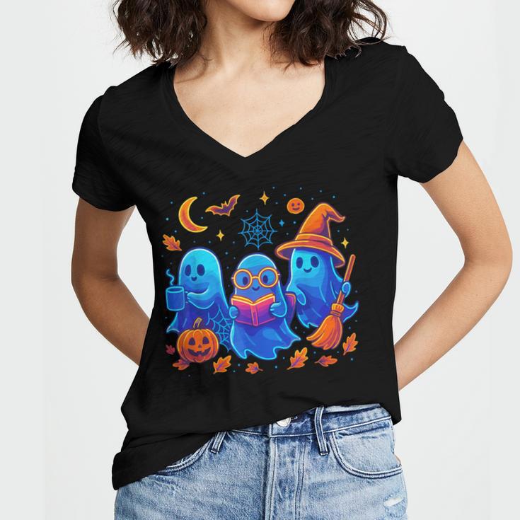Little Ghost Coffee Tee Spooky Season Ghost Reading Book Women's Jersey Short Sleeve Deep V-Neck Tshirt