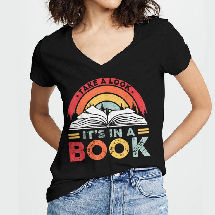 Take A Look It's In A Book Reading Book Vintage Rainbow Women's Jersey Short Sleeve Deep V-Neck Tshirt