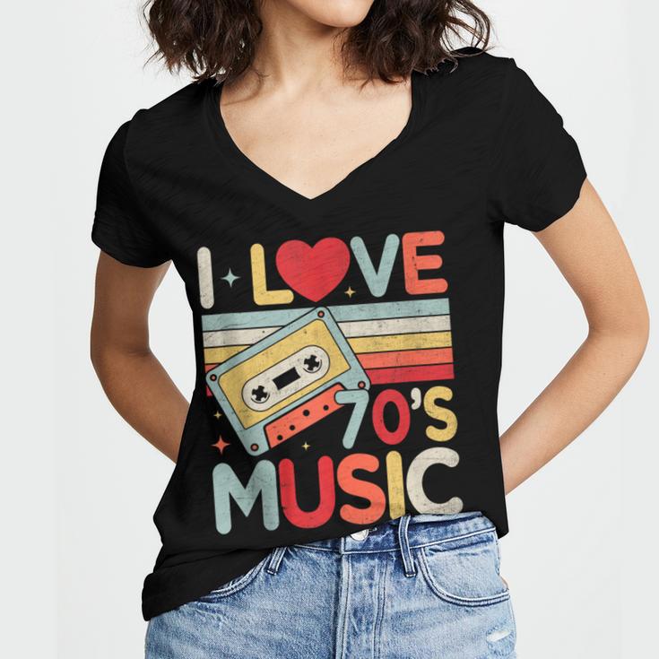 I Love 70's Music Retro Style Nostalgia Cassette 1970s Party Women's Jersey Short Sleeve Deep V-Neck Tshirt