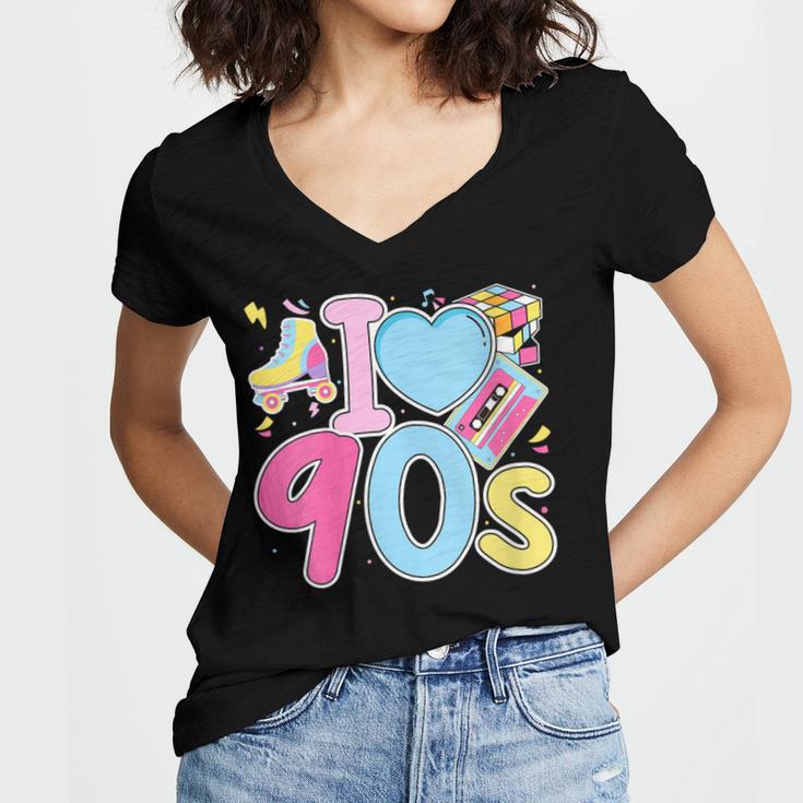 I Love 90's Retro Style Nostalgia Vibe 1990's Party Women's Jersey Short Sleeve Deep V-Neck Tshirt