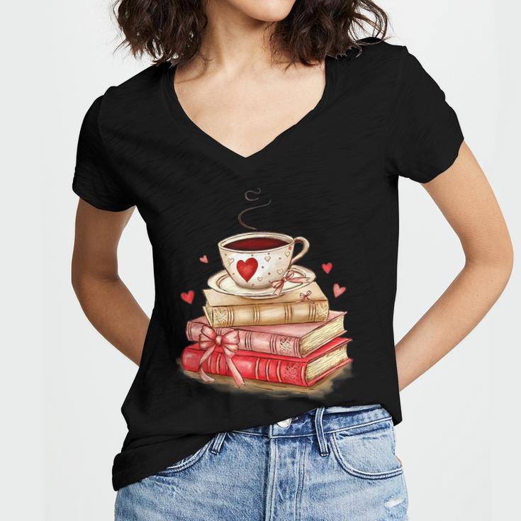 Love Book Coffee Heart Coquette Bow Valentines Day Women's Jersey Short Sleeve Deep V-Neck Tshirt