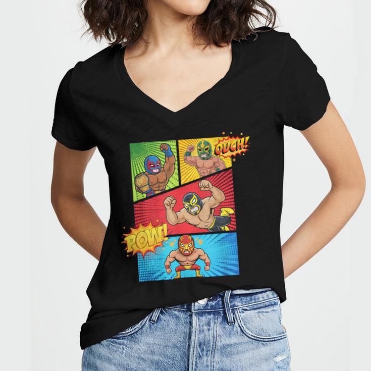 Lucha Libre Comic Book Mexican Wrestling Cartoon Wrestler Women's Jersey Short Sleeve Deep V-Neck Tshirt Lucha Libre Comic Book Mexican Wrestling Cartoon Wrestler Women's Jersey Short Sleeve Deep V-Neck Tshirt