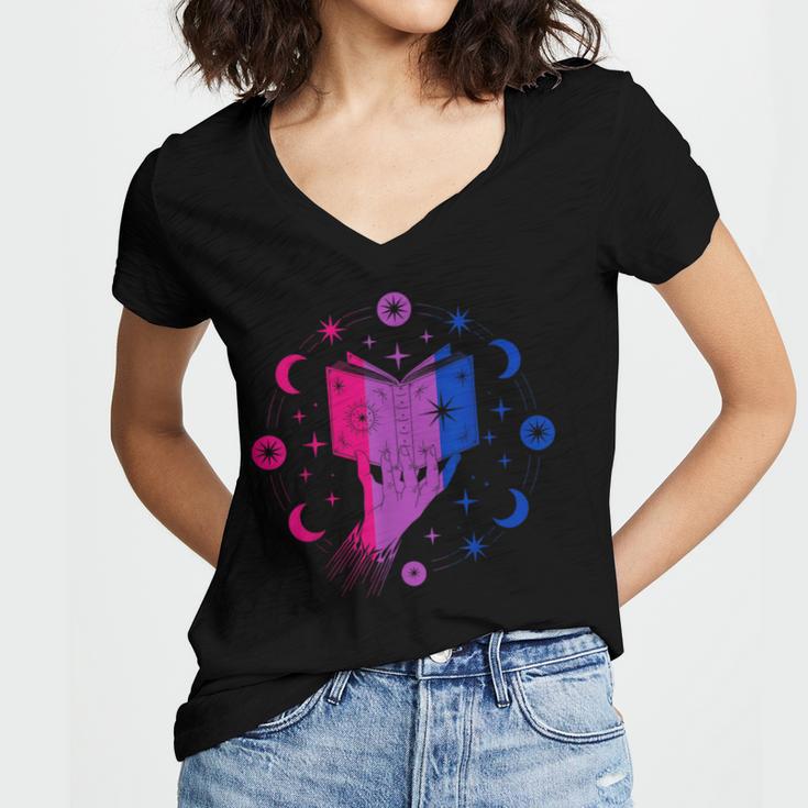 Magic Bi-Pride Book Of Cosmic Energy Women's Jersey Short Sleeve Deep V-Neck Tshirt