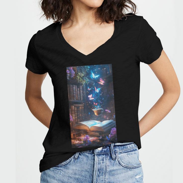 Magic Books Butterflies Fantasy Nature Tea Enchanting Women's Jersey Short Sleeve Deep V-Neck Tshirt Magic Books Butterflies Fantasy Nature Tea Enchanting Women's Jersey Short Sleeve Deep V-Neck Tshirt