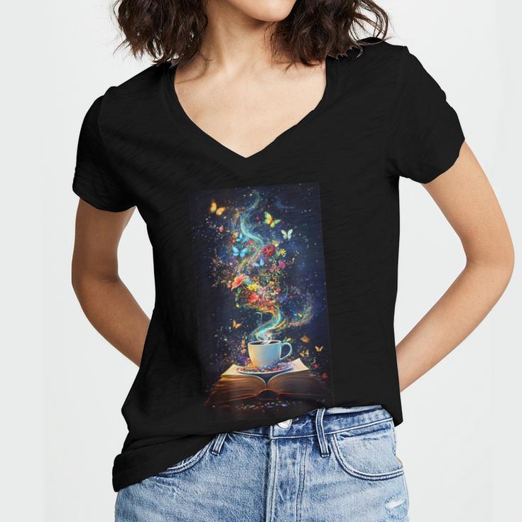 Magical Book Floral Coffee Books Nature Fantasy Women's Jersey Short Sleeve Deep V-Neck Tshirt Magical Book Floral Coffee Books Nature Fantasy Women's Jersey Short Sleeve Deep V-Neck Tshirt