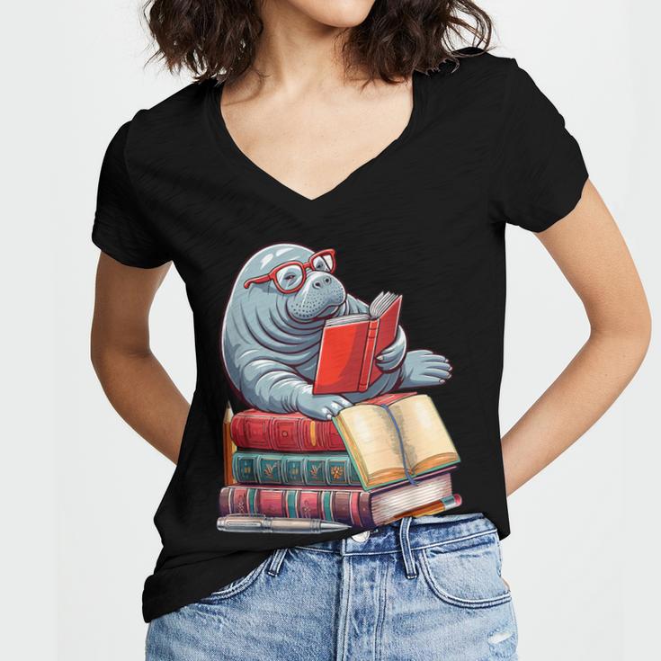 Manatee Reading Books Matching Bookworm Readers Librarian Women's Jersey Short Sleeve Deep V-Neck Tshirt Manatee Reading Books Matching Bookworm Readers Librarian Women's Jersey Short Sleeve Deep V-Neck Tshirt