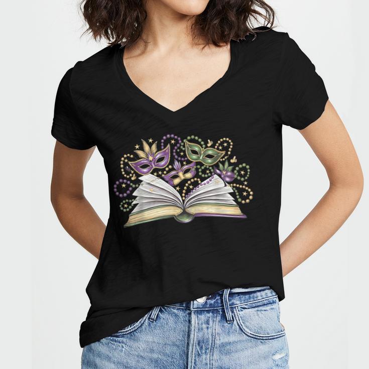 Mardi Gras Book Librarian Author Purple Beads Women's Jersey Short Sleeve Deep V-Neck Tshirt