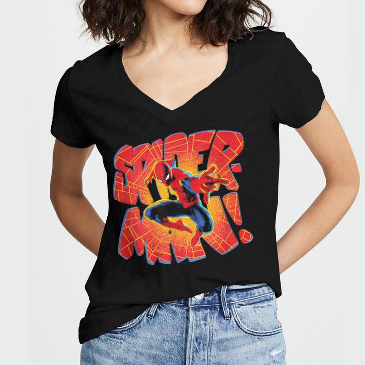 Marvel Spider-Man Peter Parker Comic Book Letter Logo Women's Jersey Short Sleeve Deep V-Neck Tshirt