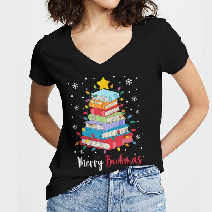 Merry Bookmas Book Christmas Tree Lights Xmas Men Women Kids Women's Jersey Short Sleeve Deep V-Neck Tshirt Merry Bookmas Book Christmas Tree Lights Xmas Men Women Kids Women's Jersey Short Sleeve Deep V-Neck Tshirt