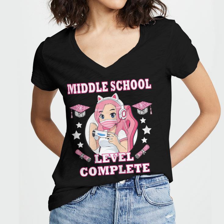 Middle School Level Complete Gaming Graduation Anime Girl Women's Jersey Short Sleeve Deep V-Neck Tshirt