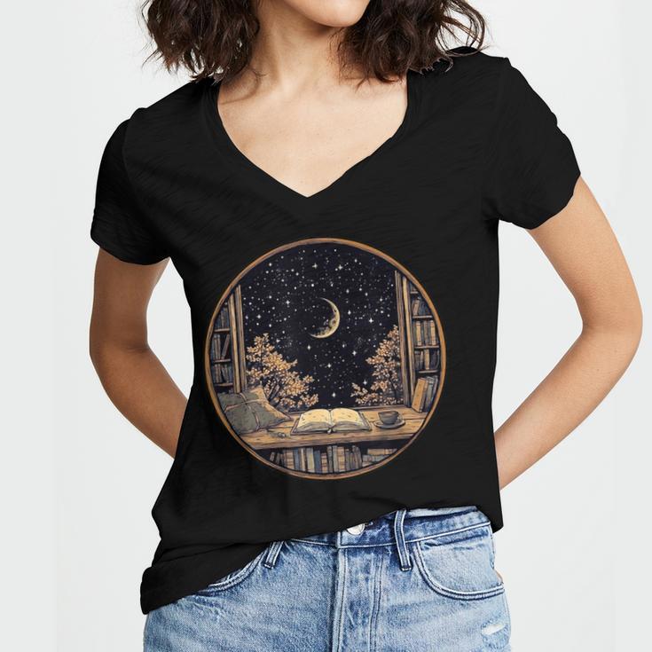 Moon Book Bookshelf Library Coffee Cup Star Stars Pattern Women's Jersey Short Sleeve Deep V-Neck Tshirt Moon Book Bookshelf Library Coffee Cup Star Stars Pattern Women's Jersey Short Sleeve Deep V-Neck Tshirt