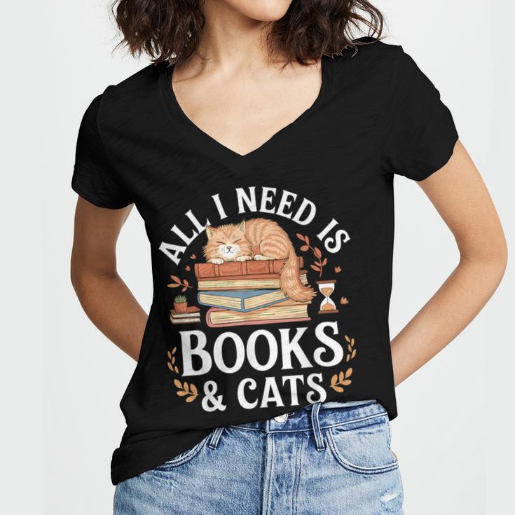 All I Need Is Books And Cats Reading Women's Jersey Short Sleeve Deep V-Neck Tshirt All I Need Is Books And Cats Reading Women's Jersey Short Sleeve Deep V-Neck Tshirt