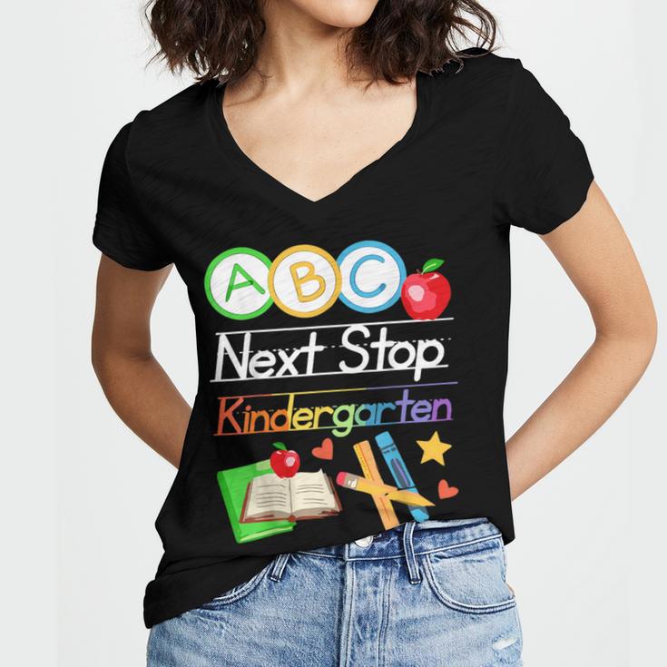 Next Stop Kindergarten Preschool Graduation 2025 Boy Girl Women's Jersey Short Sleeve Deep V-Neck Tshirt