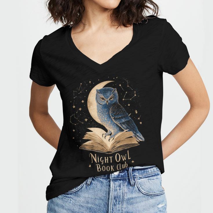 Night Owl Book Club Crescent Moon Late Night Reading Women's Jersey Short Sleeve Deep V-Neck Tshirt Night Owl Book Club Crescent Moon Late Night Reading Women's Jersey Short Sleeve Deep V-Neck Tshirt