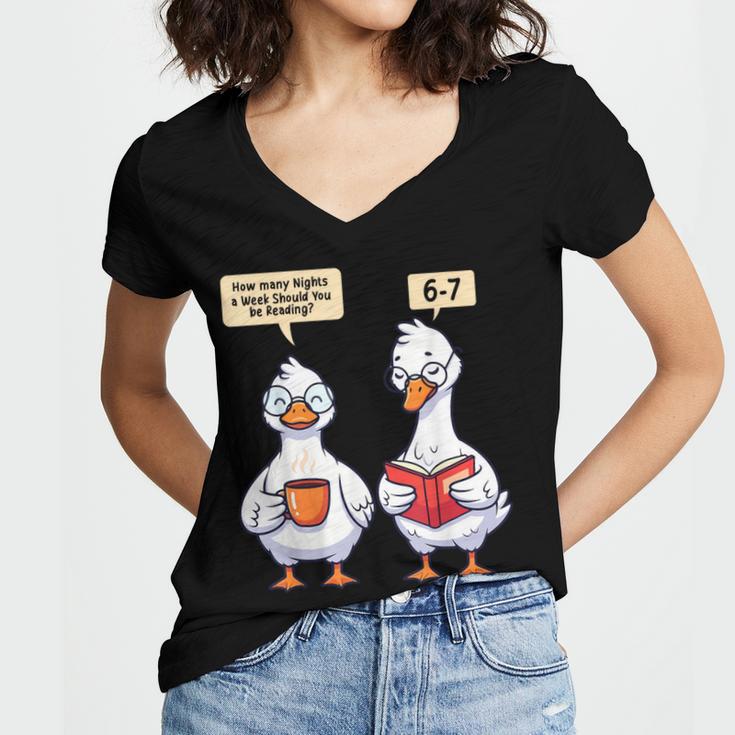 How Many Nights Reading Goose Book Lover Reader Women's Jersey Short Sleeve Deep V-Neck Tshirt