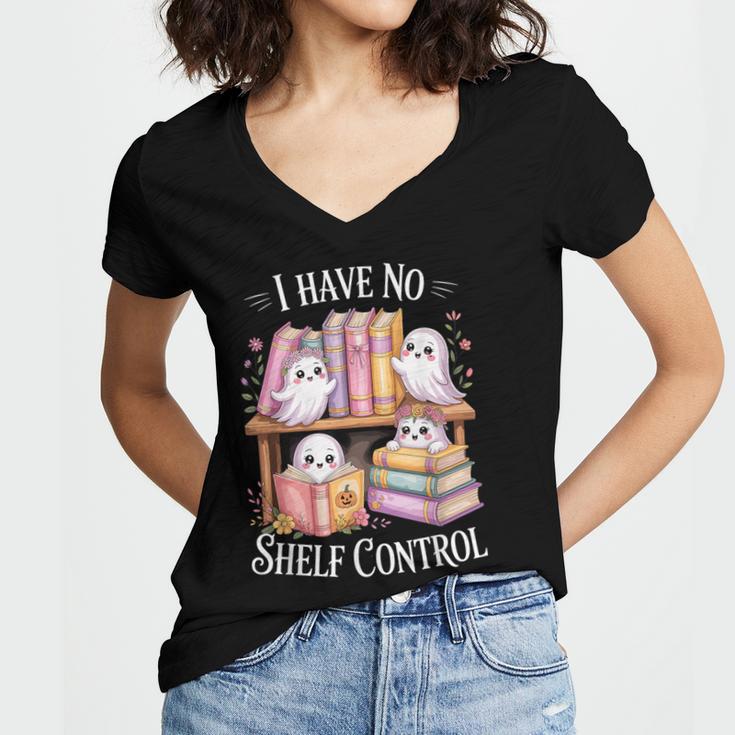 I Have No Shelf Control Ghost Reading Books Pun Women's Jersey Short Sleeve Deep V-Neck Tshirt