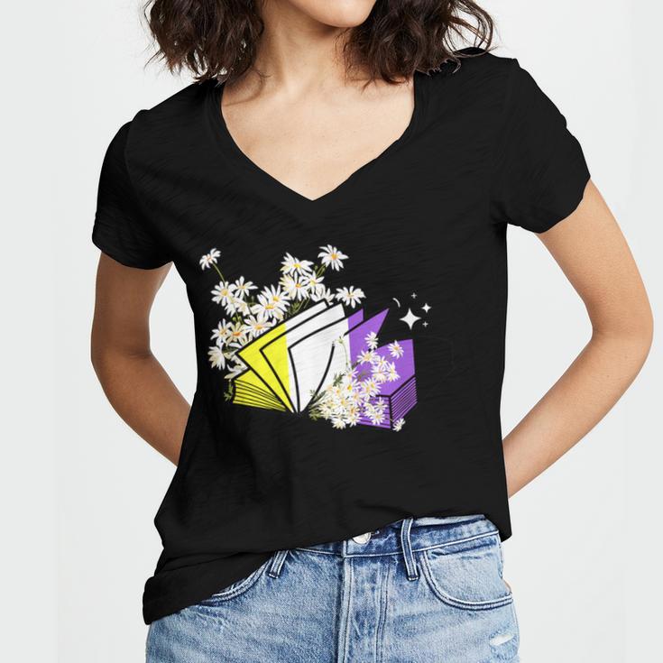 Non-Binary Book Lover Nonbinary Daisy LGBT Reading Pride Women's Jersey Short Sleeve Deep V-Neck Tshirt