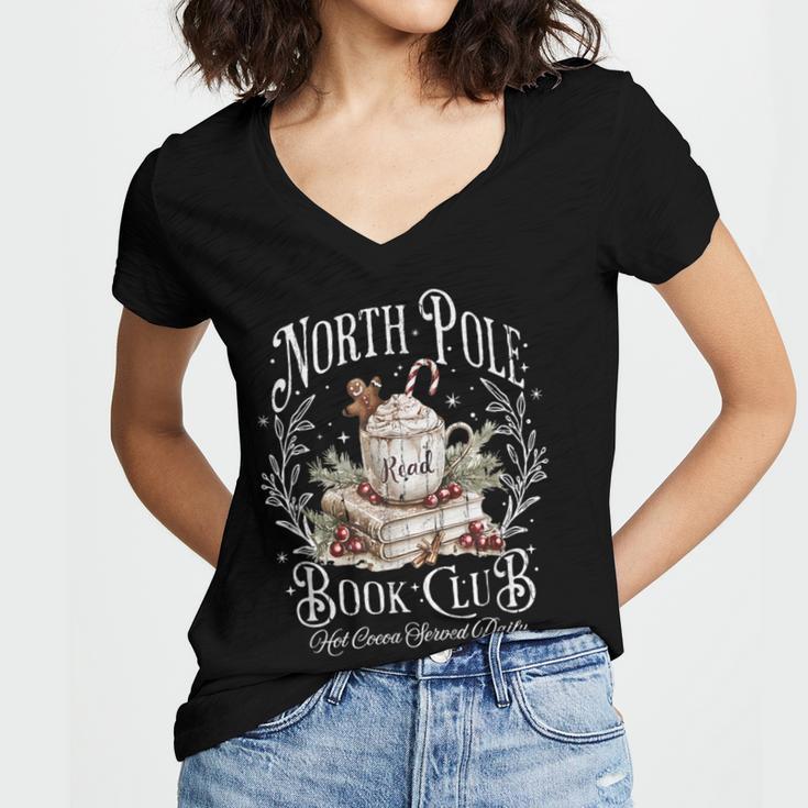 North Pole Book Club Hot Cocoa Served Daily Women's Jersey Short Sleeve Deep V-Neck Tshirt