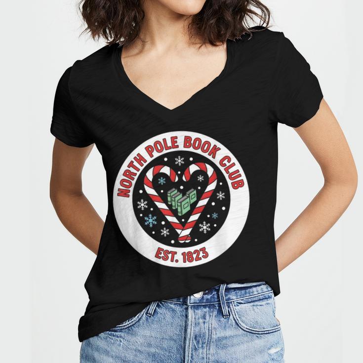 North Pole Book Club Shirt Candy Cane Christmas Women's Jersey Short Sleeve Deep V-Neck Tshirt North Pole Book Club Shirt Candy Cane Christmas Women's Jersey Short Sleeve Deep V-Neck Tshirt