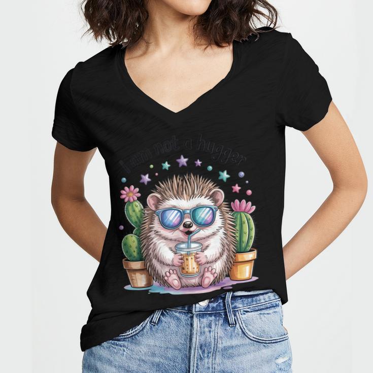 I Am Not a Hugger Introvert Hedgehog With Cactus Women's Jersey Short Sleeve Deep V-Neck Tshirt