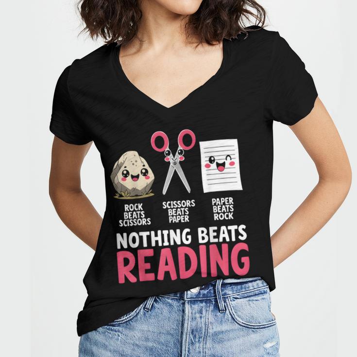 Nothing Beats Reading Rock Paper Scissors Book Lover Library Women's Jersey Short Sleeve Deep V-Neck Tshirt