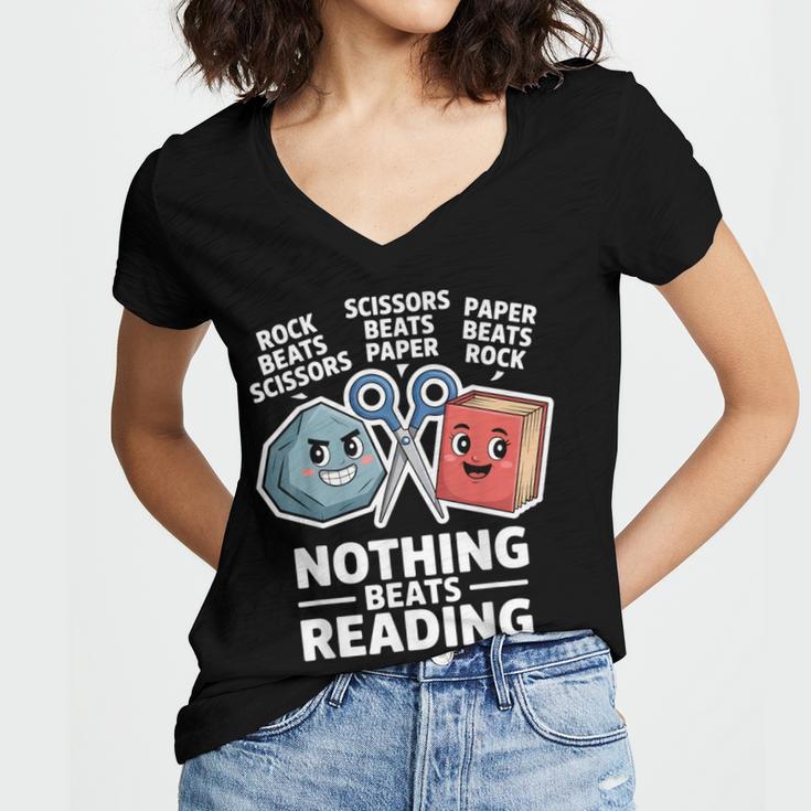 Nothing Beats Reading Rock Paper Scissors Book Lover Women's Jersey Short Sleeve Deep V-Neck Tshirt