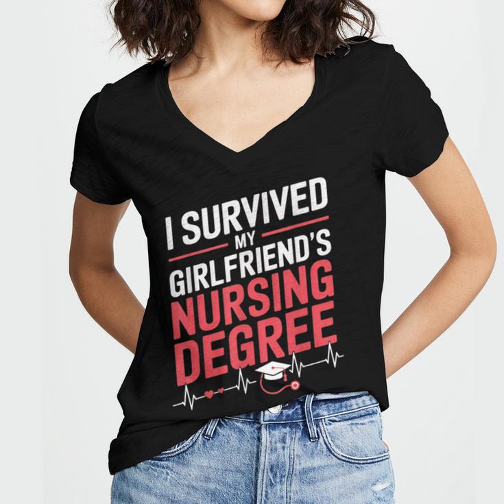 Nurse Graduation I Survived My Girlfriends Nursing Degree Women's Jersey Short Sleeve Deep V-Neck Tshirt