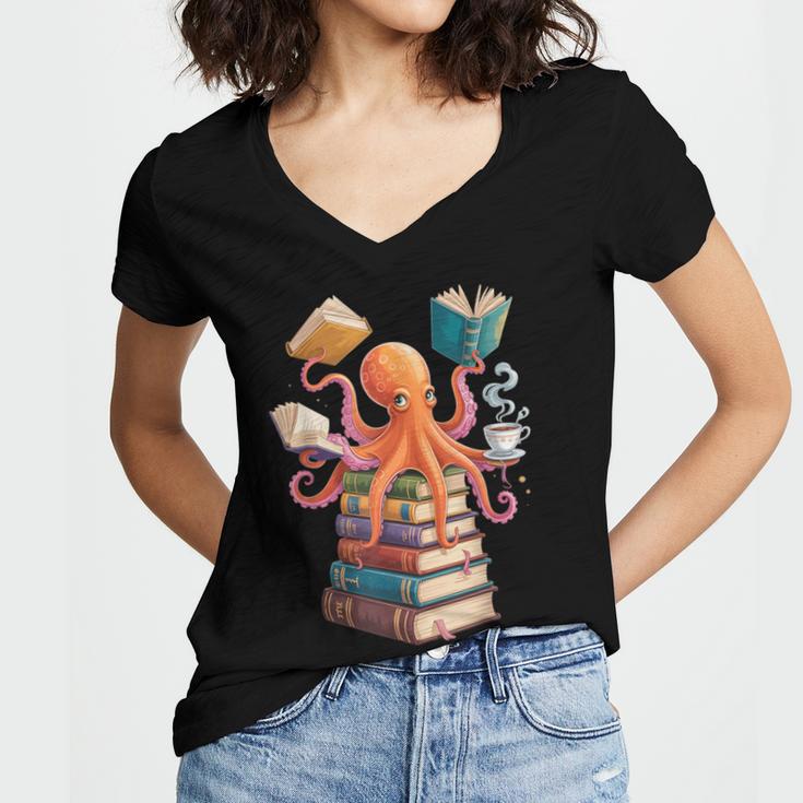 Octopus Book Reading Book Reader Ocean Octopus Women's Jersey Short Sleeve Deep V-Neck Tshirt
