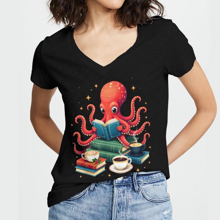 Octopus Reading Books Tea Coffee Women's Jersey Short Sleeve Deep V-Neck Tshirt