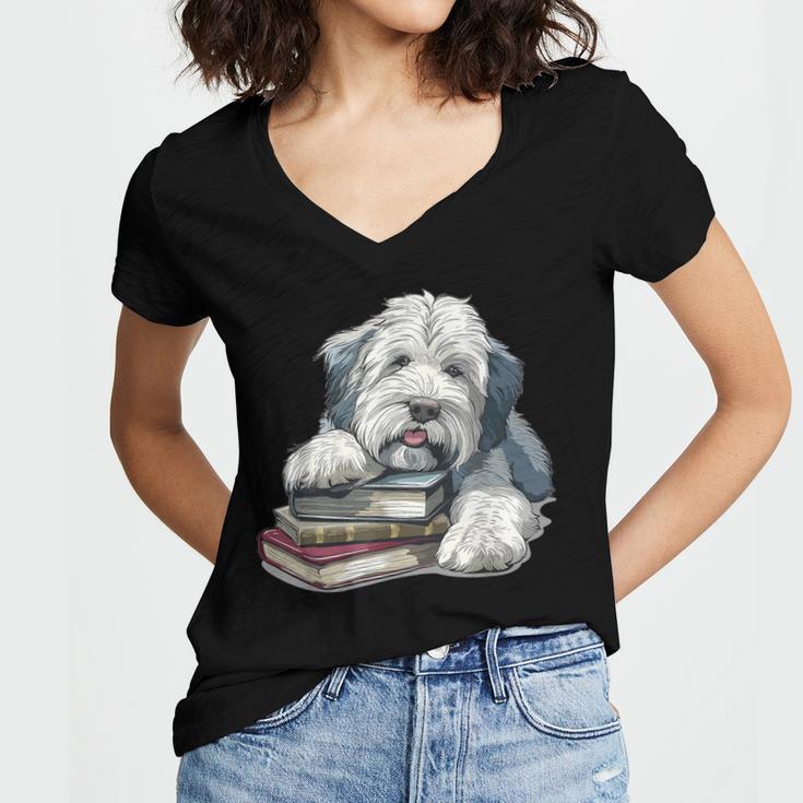 Old English Sheepdog Books Reading Dog Breed Graphic Women's Jersey Short Sleeve Deep V-Neck Tshirt