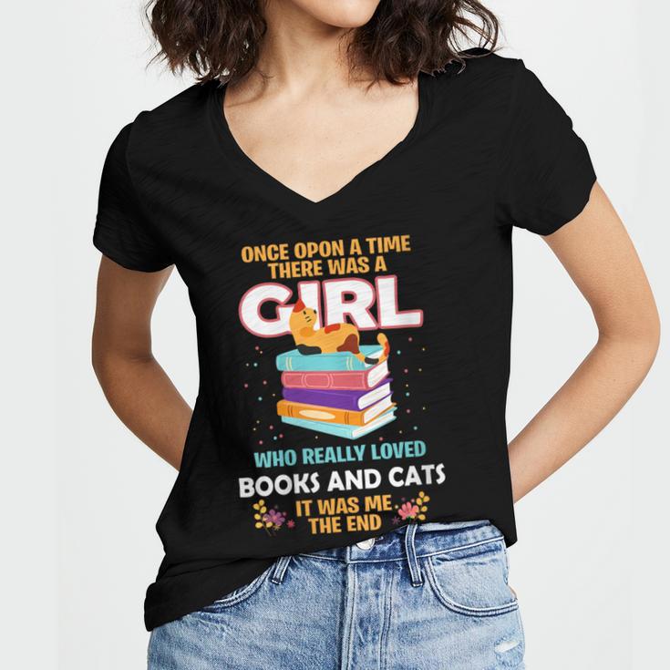 Once Upon A Time There Was A Girl Who Loves Books And Cats Women's Jersey Short Sleeve Deep V-Neck Tshirt