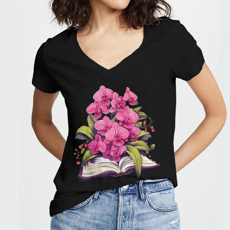 Orchids Flowers Book Floral Women's Jersey Short Sleeve Deep V-Neck Tshirt