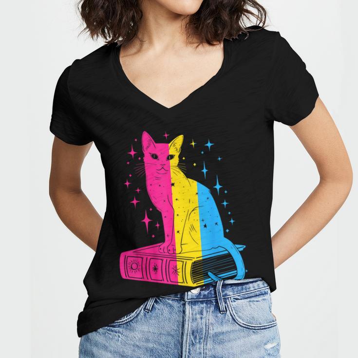 Pansexual Pride Celestial Cat Sitting Book LGBTQ Pan Colors Men Women Women's Jersey Short Sleeve Deep V-Neck Tshirt